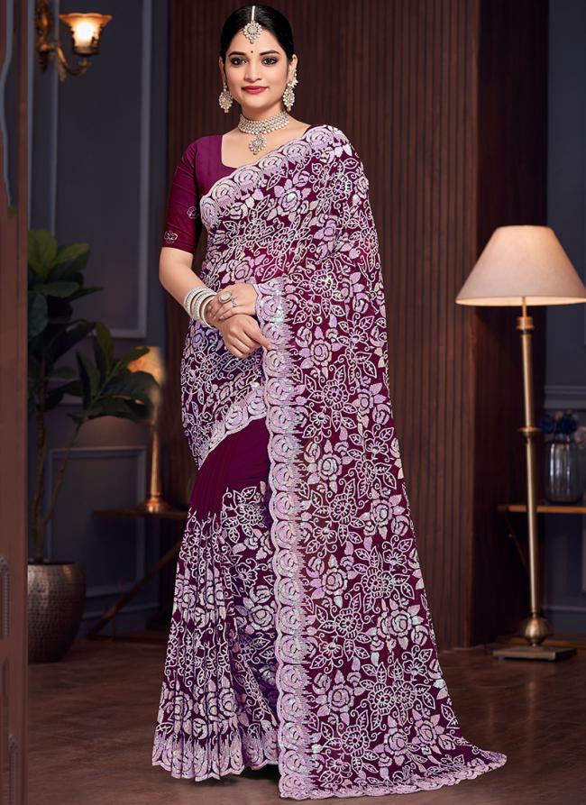 Georgette Wine Wedding Wear Embroidery Work Saree